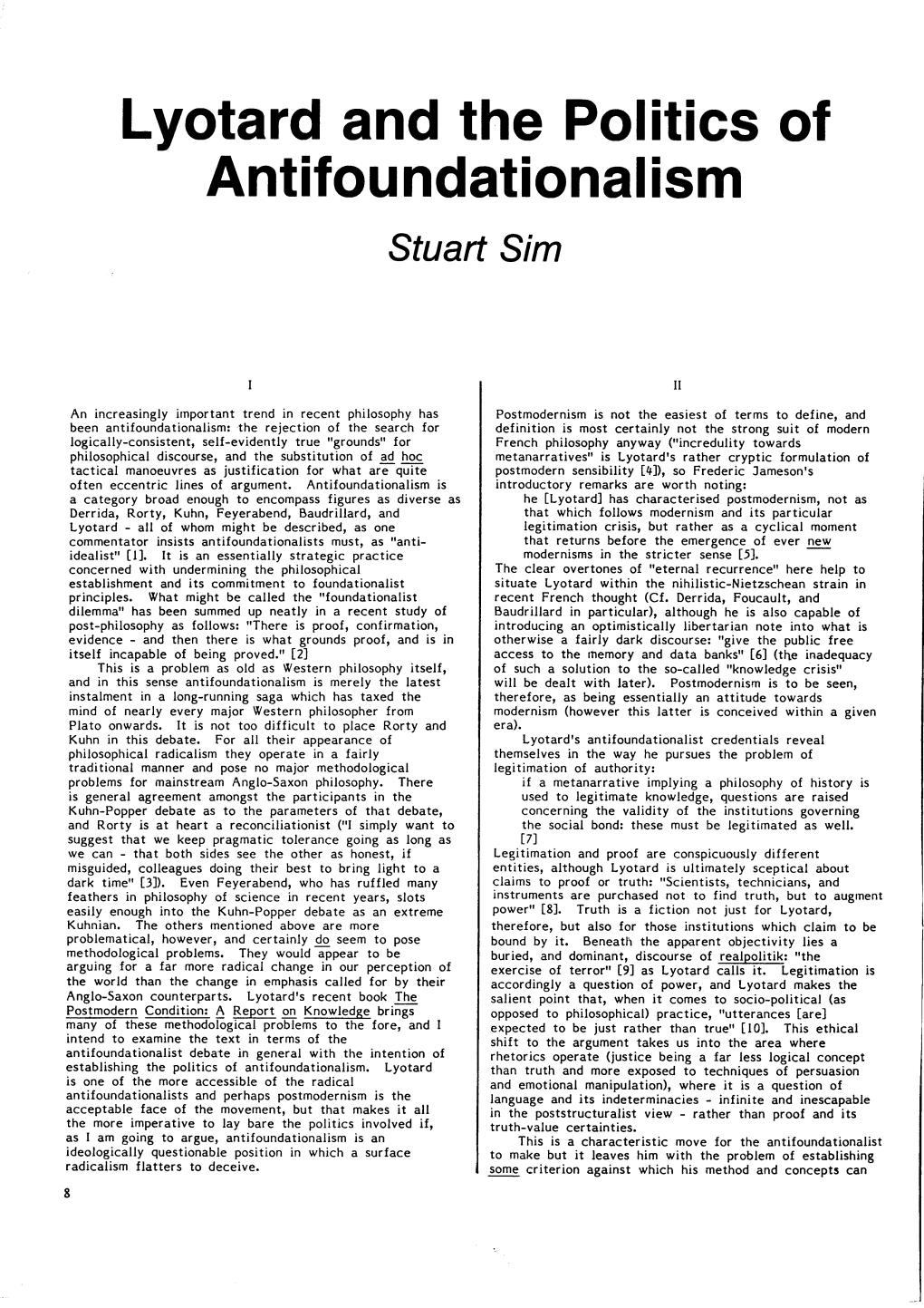 Lyotard and the Politics of Antifou Ndational Ism Stuart Sim