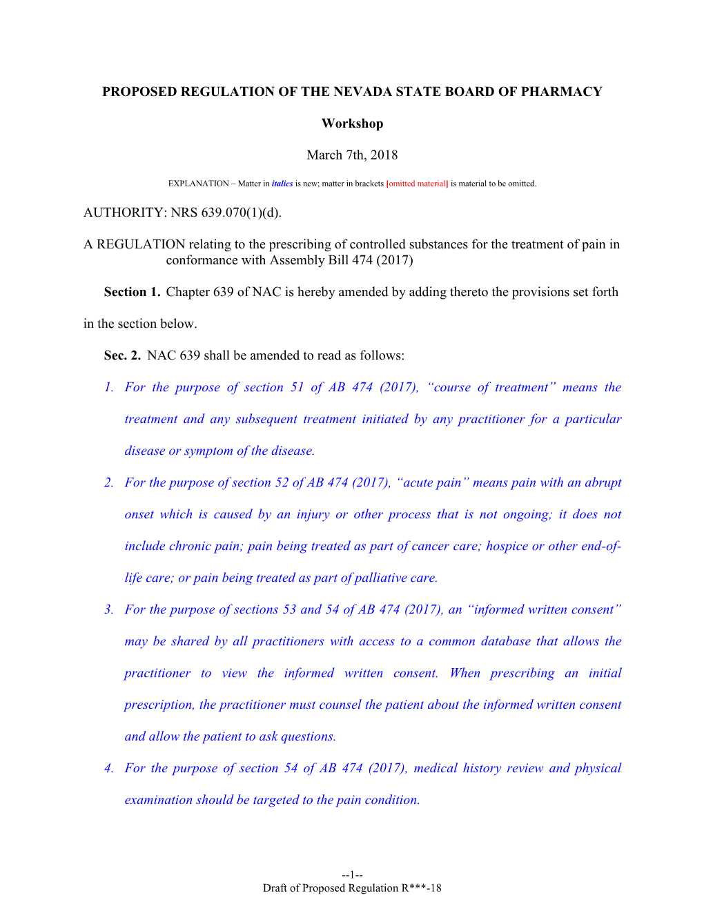 Proposed Regulation of the Nevada State Board of Pharmacy