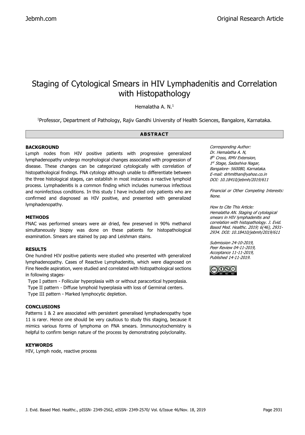 Staging of Cytological Smears in HIV Lymphadenitis and Correlation with Histopathology