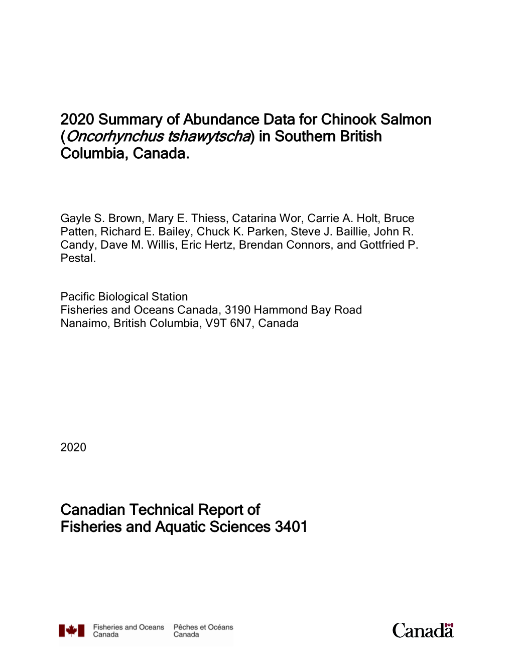 2020 Summary of Abundance Data for Chinook Salmon (Oncorhynchus Tshawytscha) in Southern British Columbia, Canada