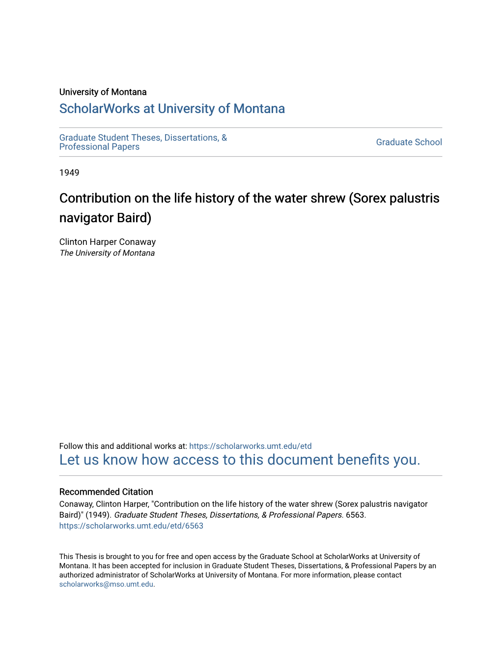 Contribution on the Life History of the Water Shrew (Sorex Palustris Navigator Baird)