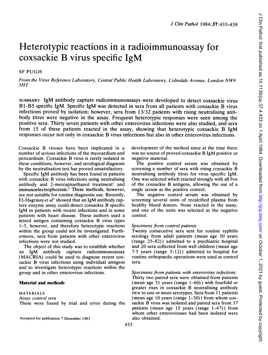 Heterotypic Reactions in a Radioimmunoassay for Coxsackie B Virus Specific Igm