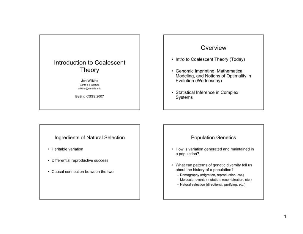 Introduction to Coalescent Theory Overview