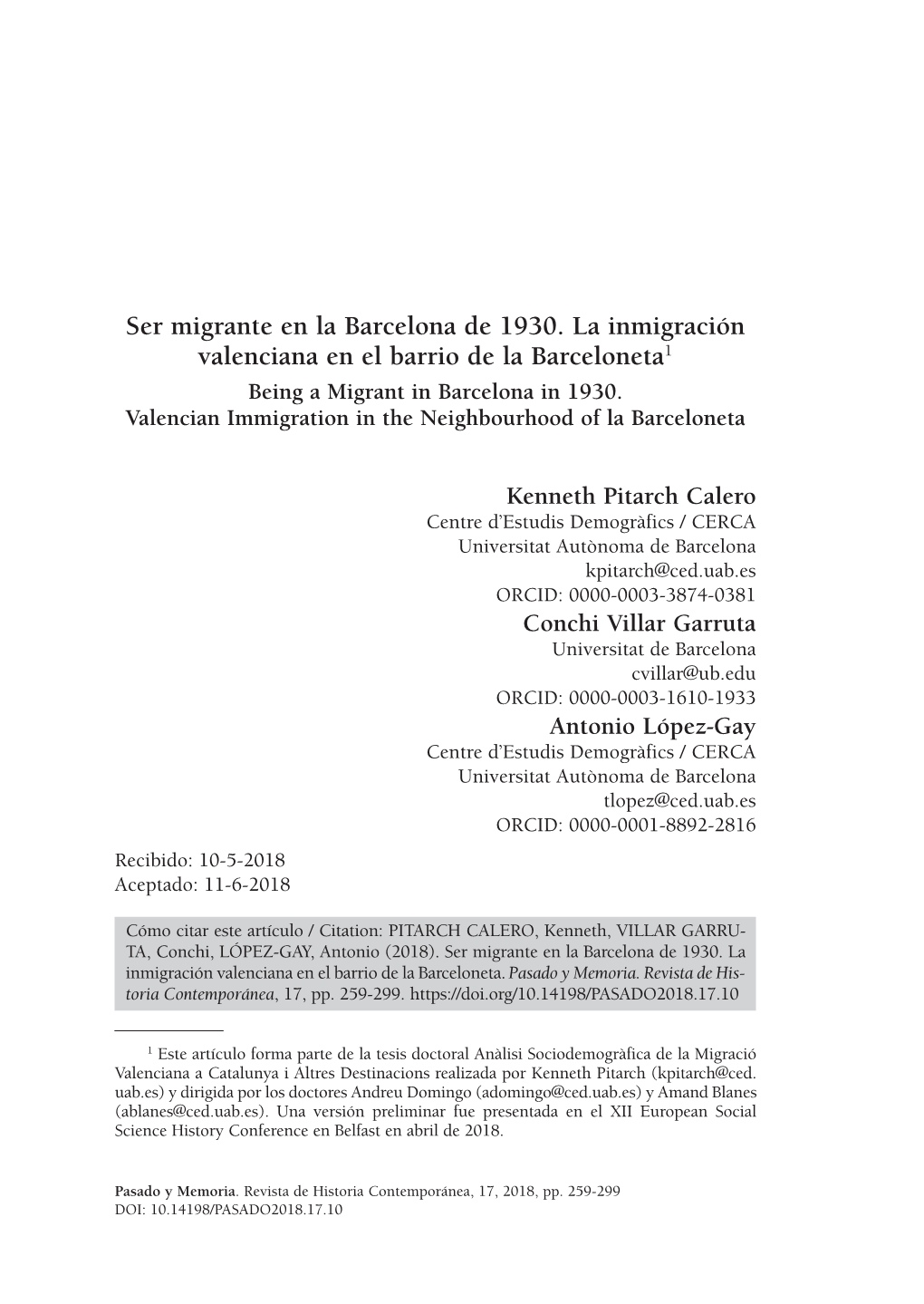 Pdf Ser Migrante En La Barcelona De 1930. La Inmigración Valenciana En