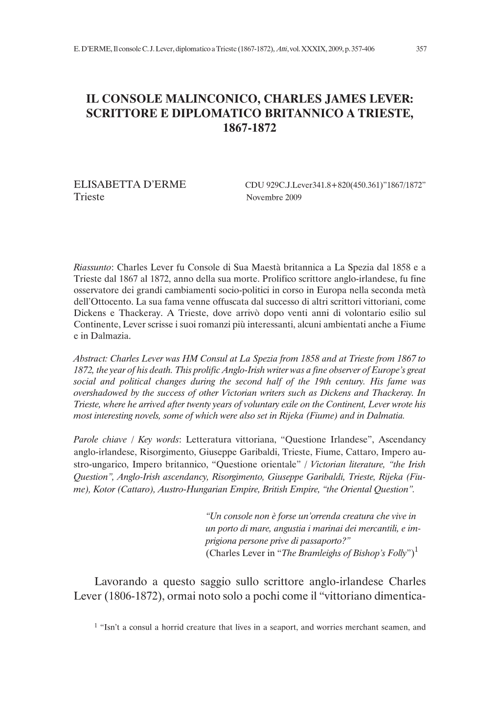 Il Console Malinconico, Charles James Lever: Scrittore E Diplomatico Britannico a Trieste, 1867-1872