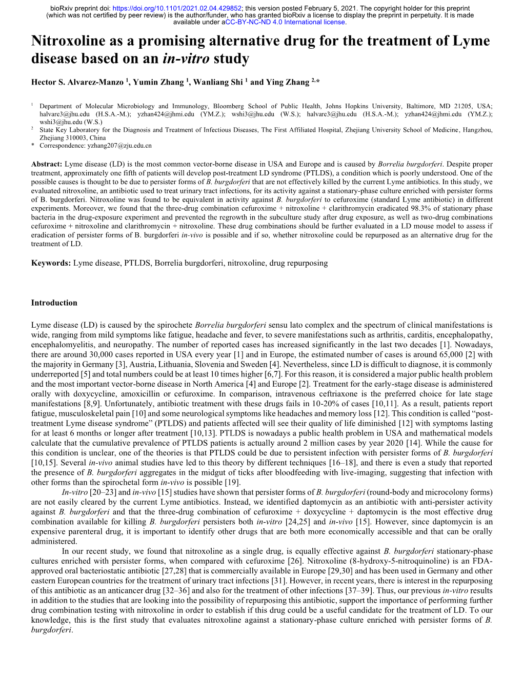 Nitroxoline As a Promising Alternative Drug for the Treatment of Lyme Disease Based on an In-Vitro Study