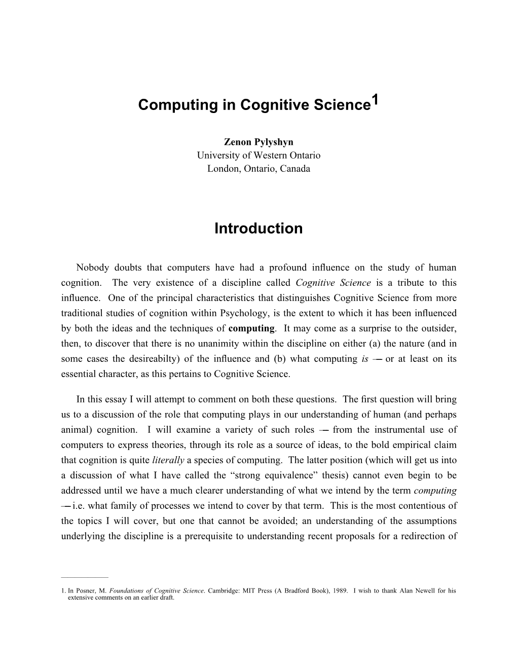 Computing in Cognitive Science1