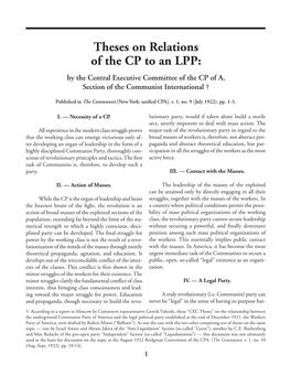 Theses on Relations of the CP to an LPP: by the Central Executive Committee of the CP of A, Section of the Communist International †