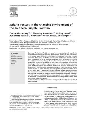 Malaria Vectors in the Changing Environment of the Southern Punjab, Pakistan
