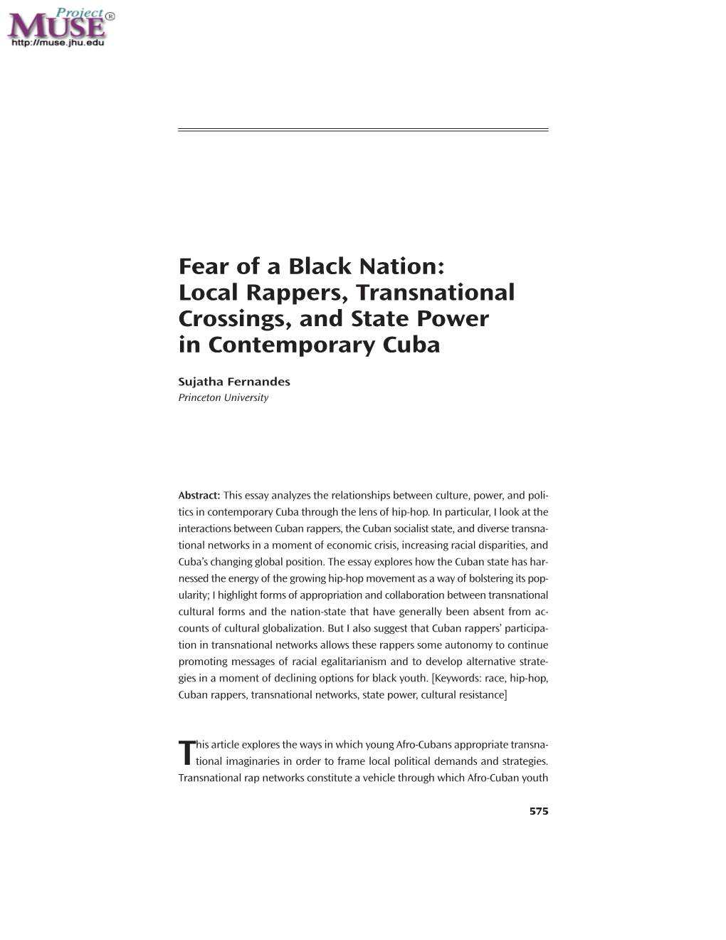 Fear of a Black Nation: Local Rappers, Transnational Crossings, and State Power in Contemporary Cuba