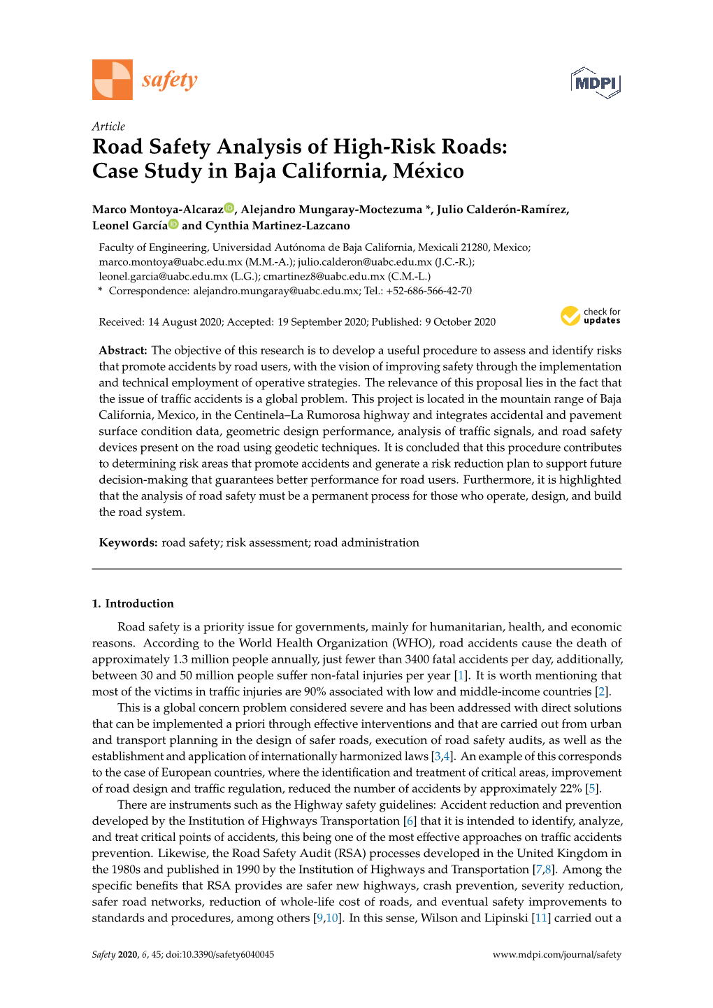 Road Safety Analysis of High-Risk Roads: Case Study in Baja California, México