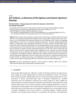Art of Music, As Harmony of the Spheres and Autism Spectrum Disorder