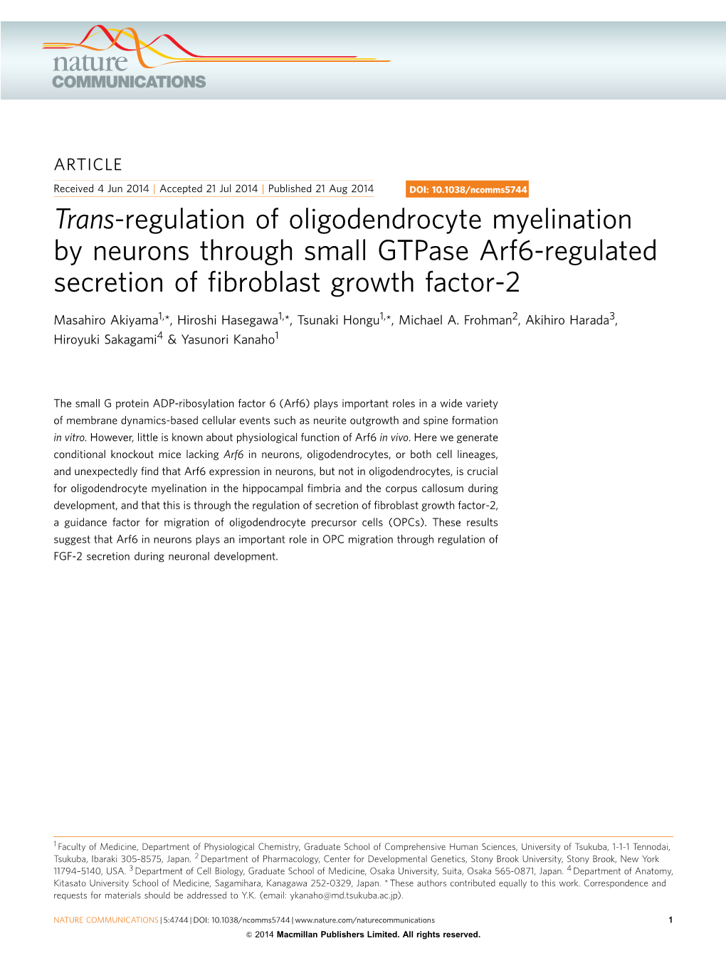 Trans-Regulation of Oligodendrocyte Myelination by Neurons Through Small Gtpase Arf6-Regulated Secretion of Fibroblast Growth Fa