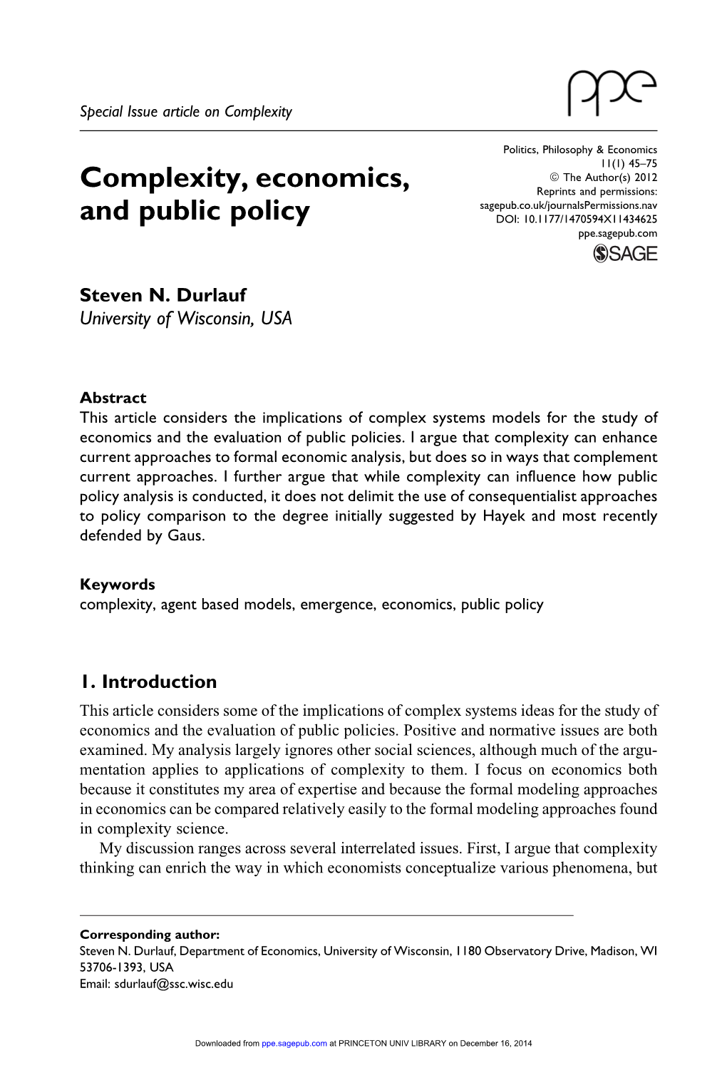 Complexity, Economics, and Public Policy