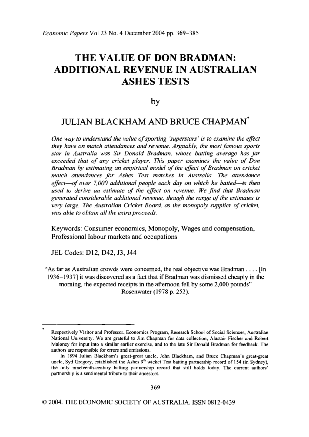 The Value of Don Bradman: Additional Revenue in Australian Ashes Tests