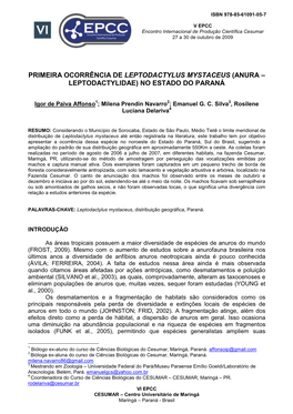Primeira Ocorrência De Leptodactylus Mystaceus (Anura – Leptodactylidae) No Estado Do Paraná
