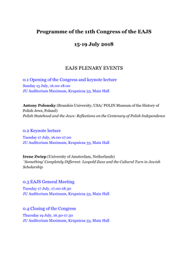 Programme of the 11Th Congress of the EAJS 15-19 July 2018 EAJS