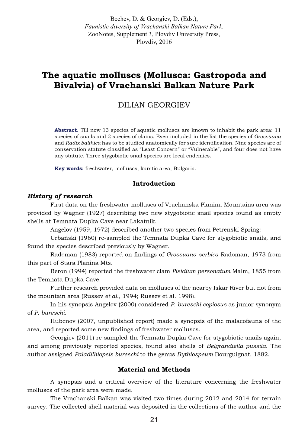 The Aquatic Molluscs (Mollusca: Gastropoda and Bivalvia) of Vrachanski Balkan Naturе Park