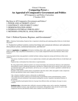 Comparing Power— an Appraisal of Comparative Government and Politics AP Comparative and Politics Curriculum 2 Teachers 2019