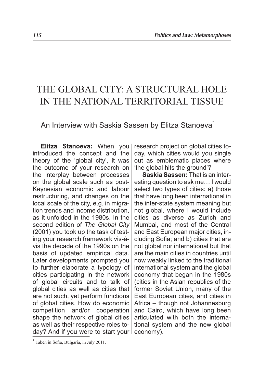 The Global City: a Structural Hole in the National Territorial Tissue