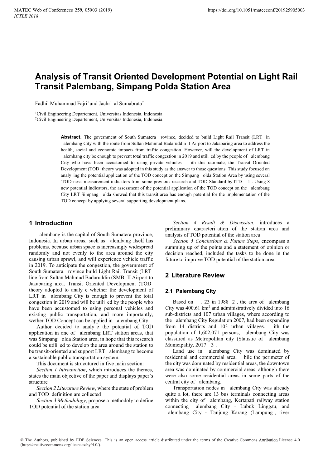 Analysis of Transit Oriented Development Potential on Light Rail Transit Palembang, Simpang Polda Station Area