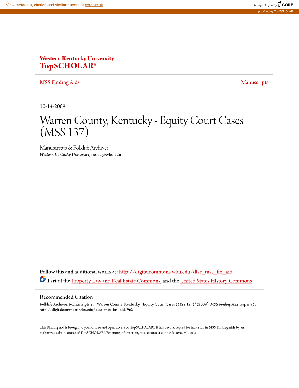 Warren County, Kentucky - Equity Court Cases (MSS 137) Manuscripts & Folklife Archives Western Kentucky University, Mssfa@Wku.Edu