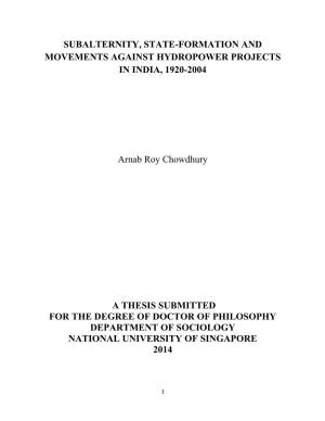 Subalternity, State-Formation and Movements Against Hydropower Projects in India, 1920-2004