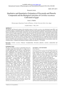 Qualitative and Quantitative Estimation of Flavonoids and Phenolic Compounds and the Biological Activities of Colvillea Racemosa Cultivated in Egypt