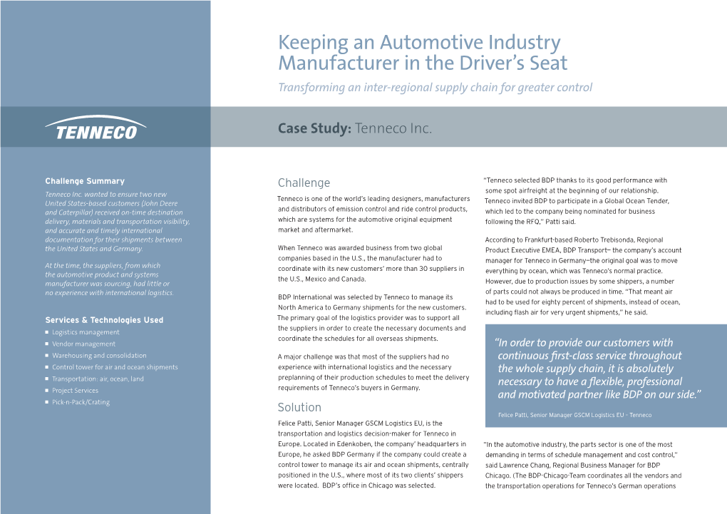 Keeping an Automotive Industry Manufacturer in the Driver's Seat
