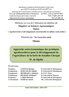 Thème Approche Socio-Économique Des Pratiques Agroforestières Pour Le Développement De L'agriculture De La Forêt De Senalba