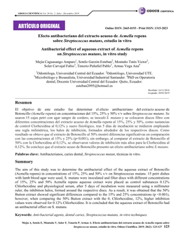 Efecto Antibacteriano Del Extracto Acuoso De Acmella Repens Sobre Streptococcus Mutans, Estudio in Vitro / Antibacterial Effect