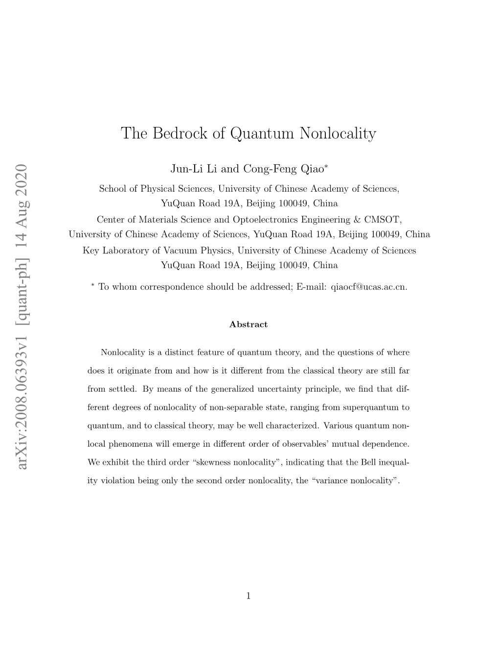 The Bedrock of Quantum Nonlocality Arxiv:2008.06393V1 [Quant-Ph] 14