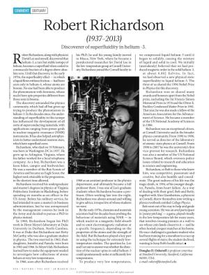 Robert Richardson (1937-2013) Discoverer of Superfluidity in Helium-3