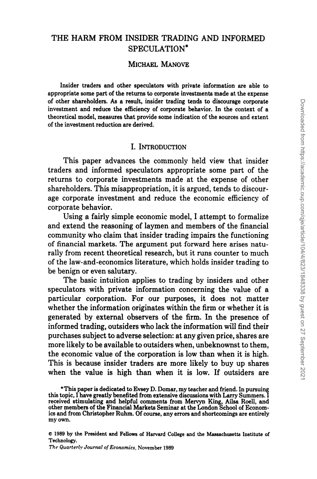 The Harm from Insider Trading and Informed Speculation* Michael Manove