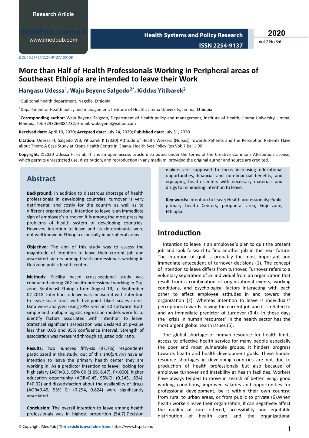 Than Half of Health Professionals Working in Peripheral Areas of Southeast Ethiopia Are Intended to Leave Their Work