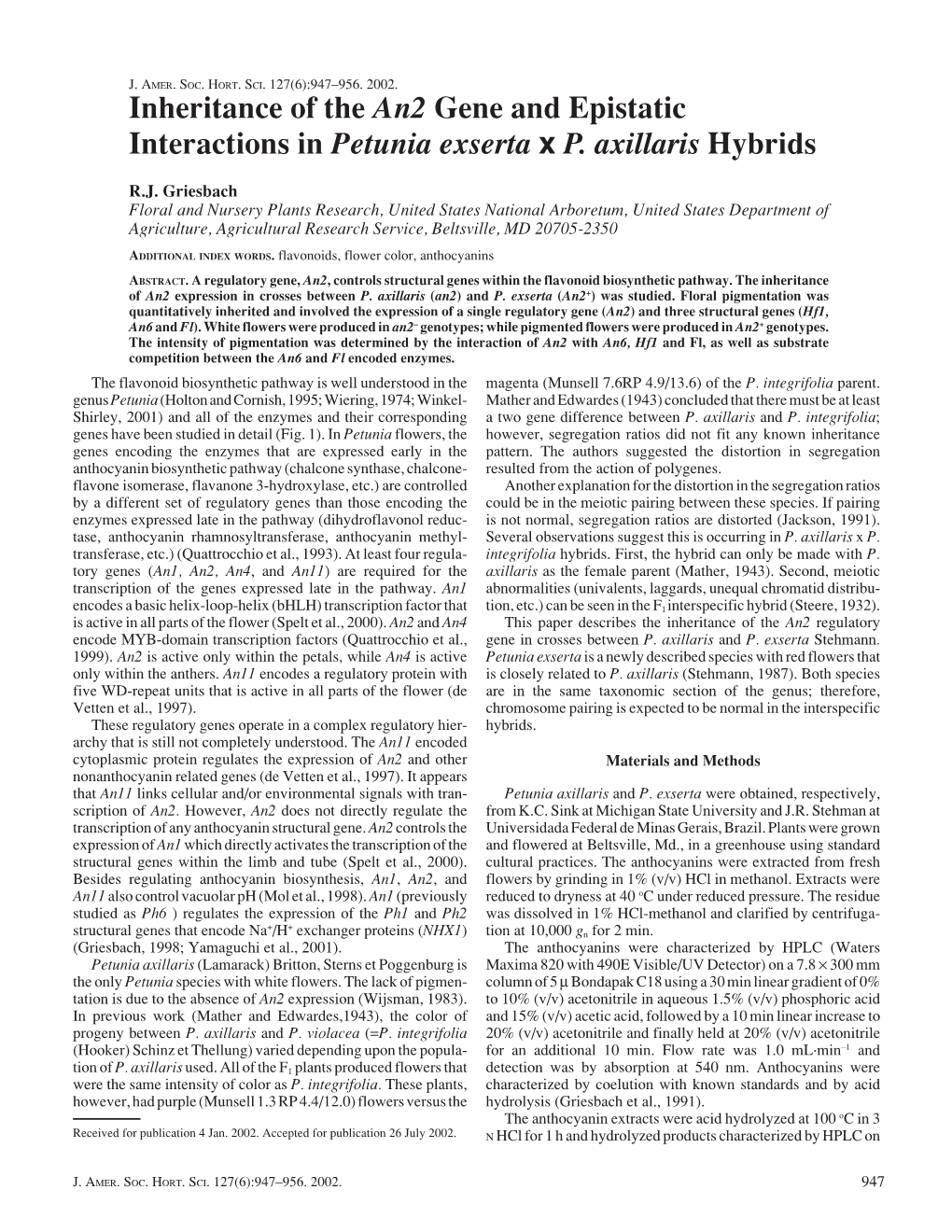 Inheritance of the An2 Gene and Epistatic Interactions in Petunia Exserta X P