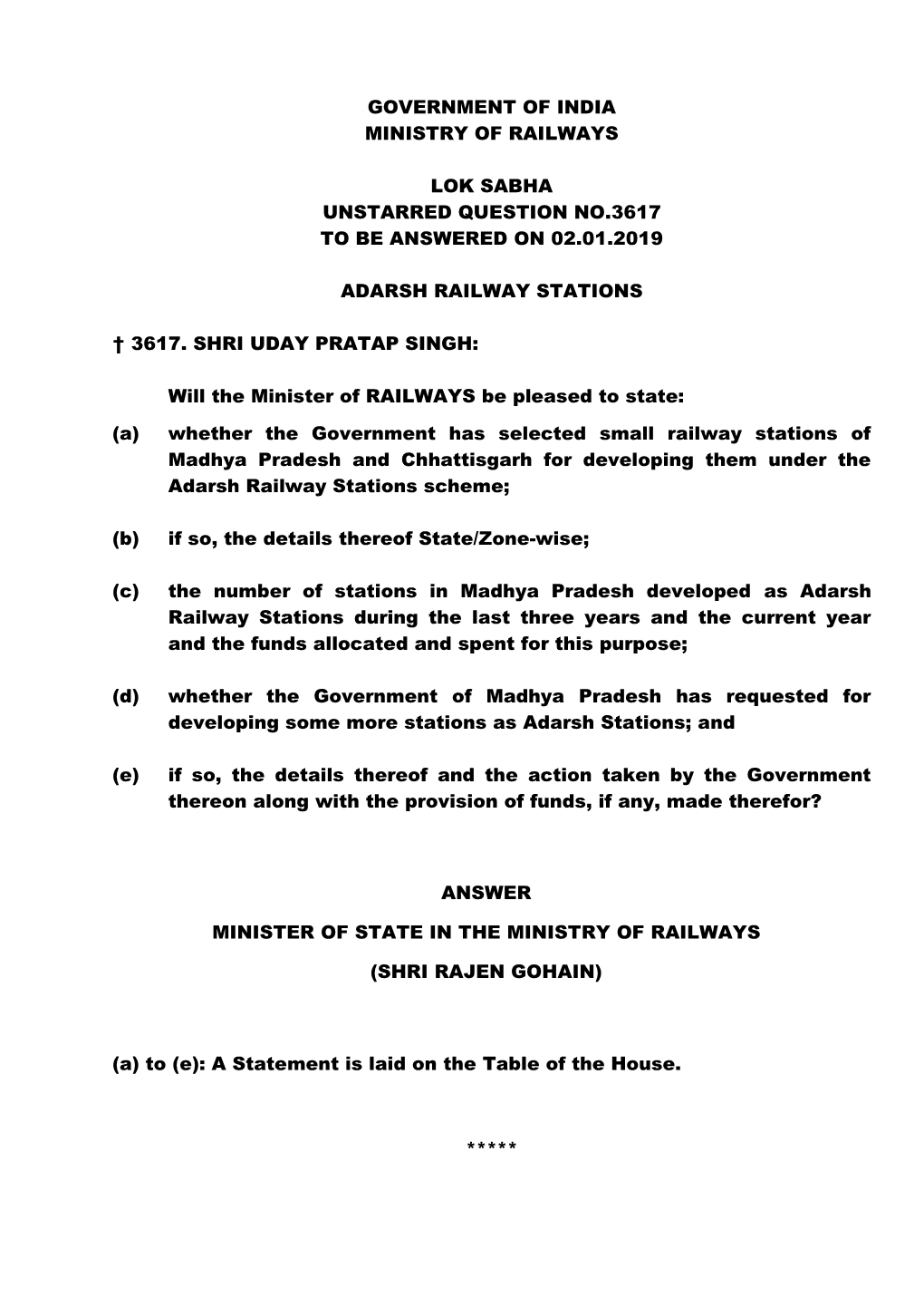 Government of India Ministry of Railways Lok Sabha