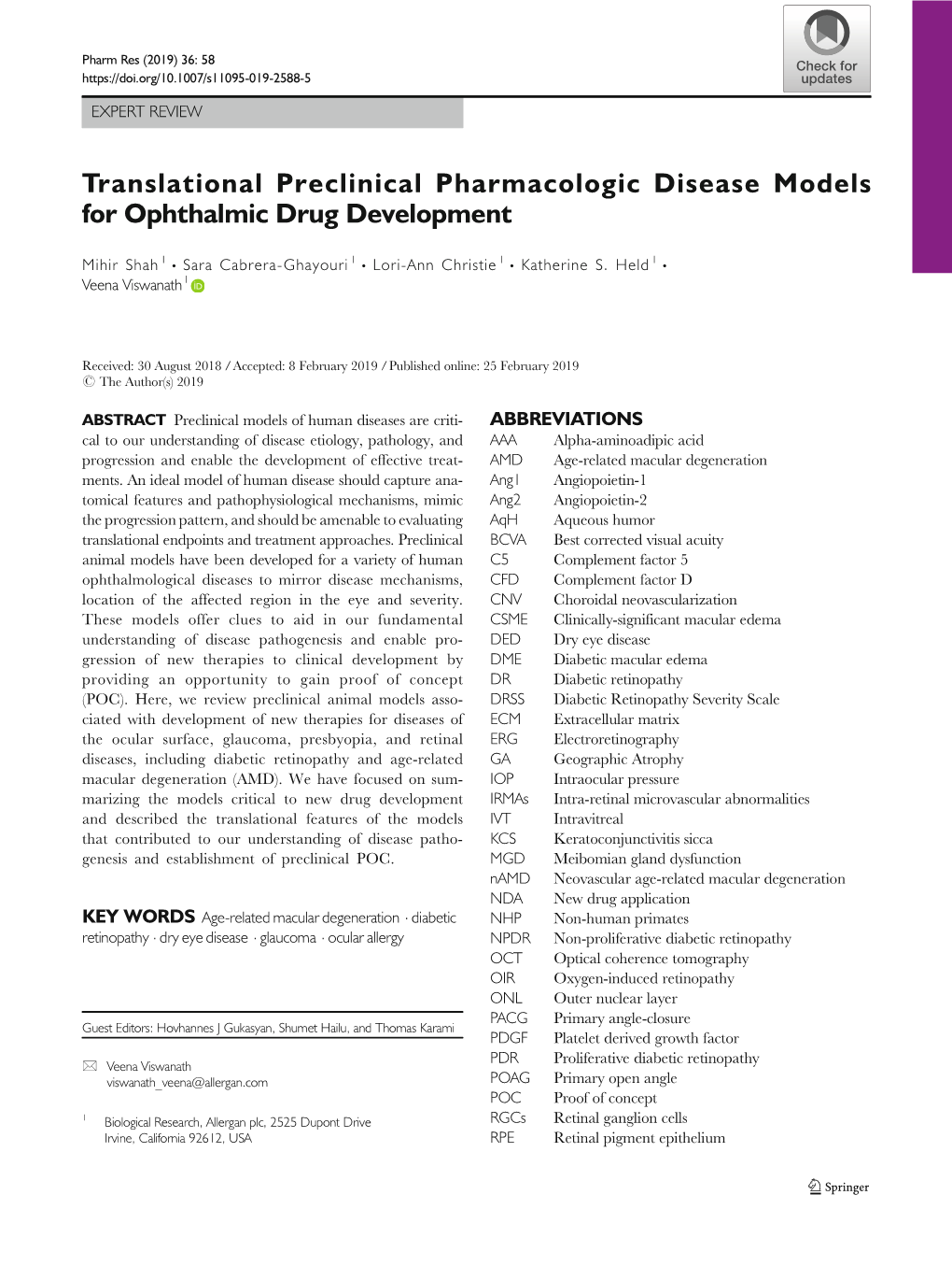 Translational Preclinical Pharmacologic Disease Models for Ophthalmic Drug Development