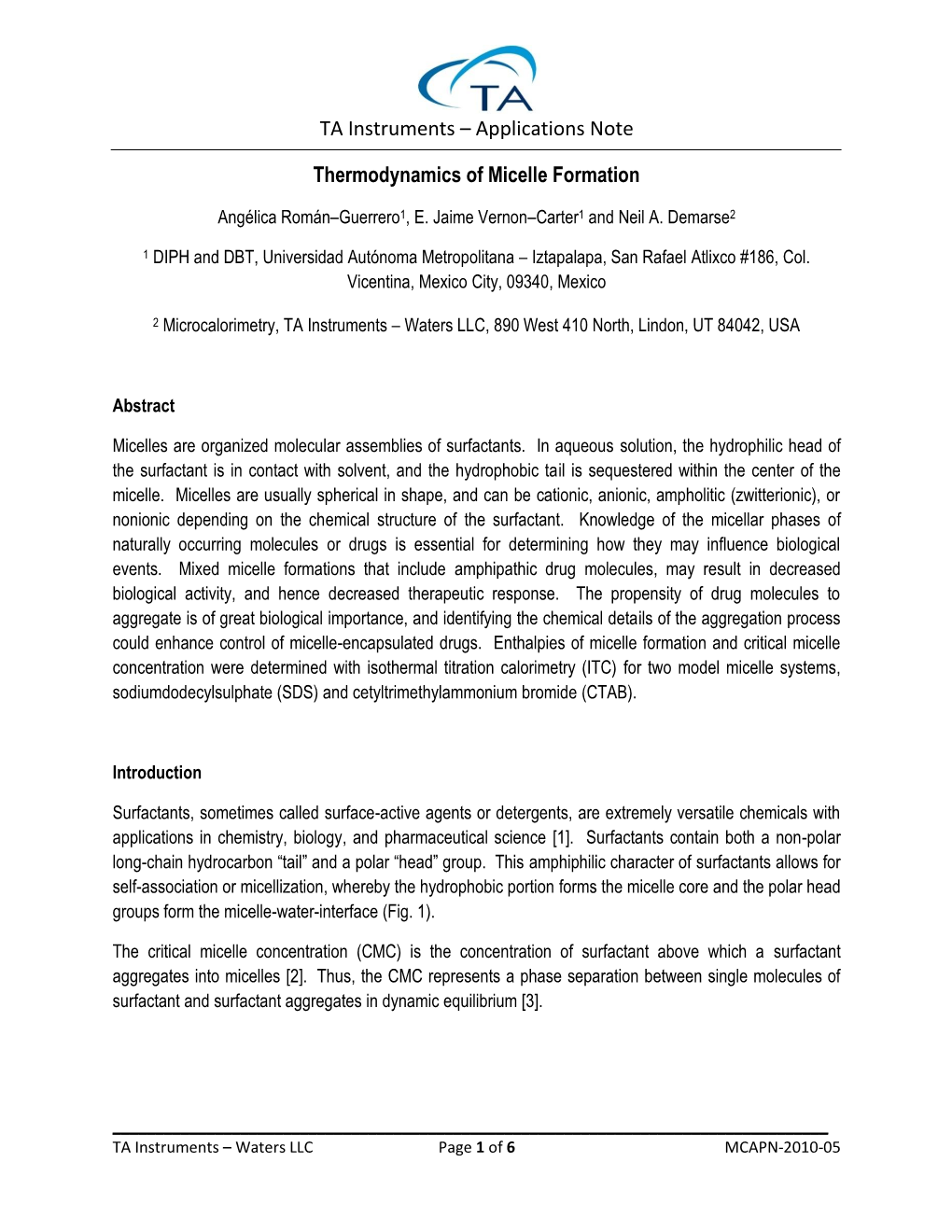 Applications Note Thermodynamics of Micelle Formation