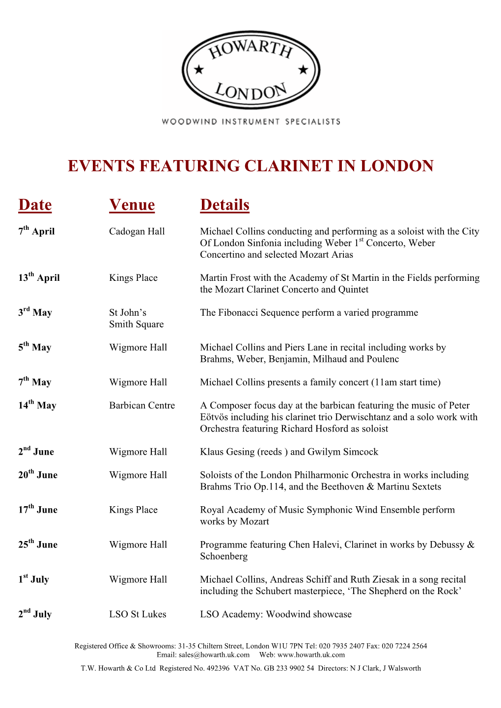 EVENTS FEATURING CLARINET in LONDON Date Venue Details