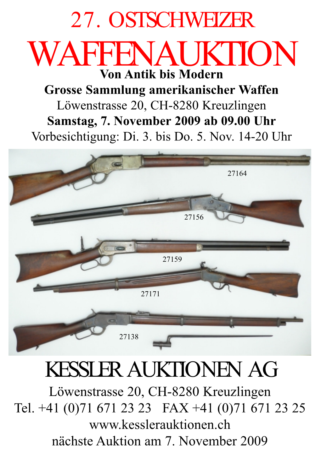 27. OSTSCHWEIZER WAFFENAUKTION Von Antik Bis Modern Grosse Sammlung Amerikanischer Waffen Löwenstrasse 20, CH-8280 Kreuzlingen