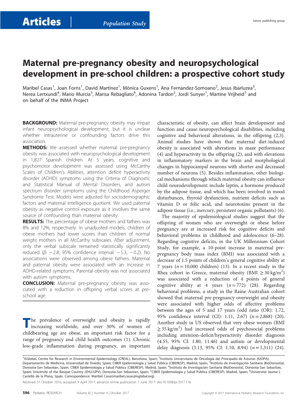 Maternal Pre-Pregnancy Obesity and Neuropsychological Development in Pre-School Children: a Prospective Cohort Study
