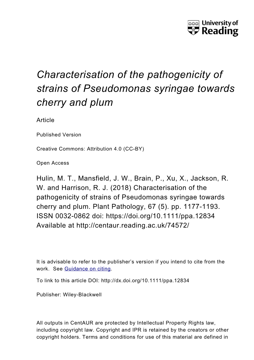 Characterization of the Pathogenicity of Strains of Pseudomonas Syringae Towards Cherry and Plum