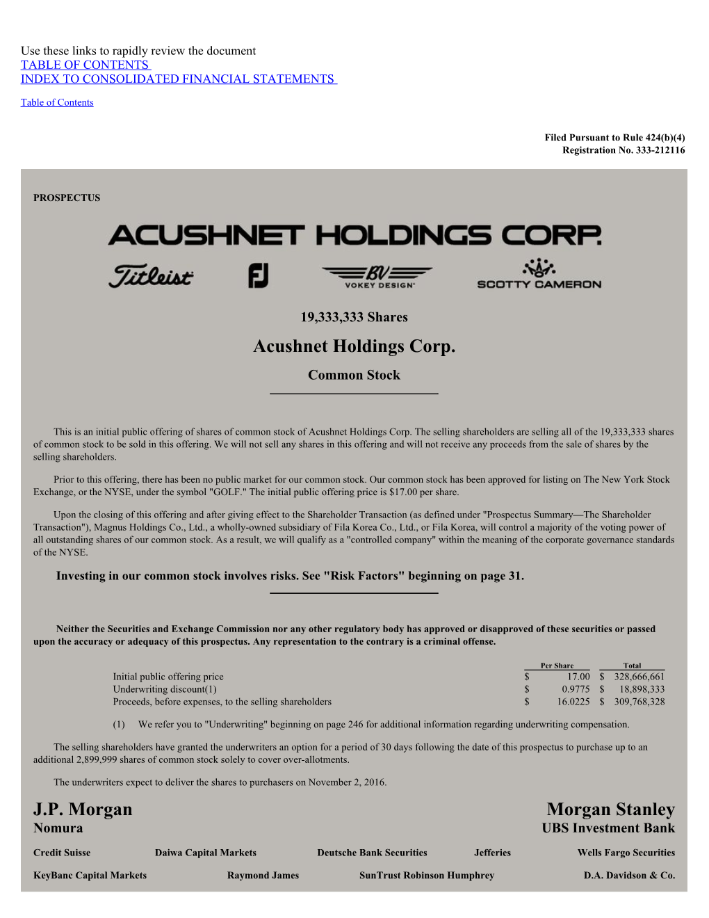 Acushnet Holdings Corp. Common Stock