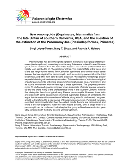 Euprimates, Mammalia) from the Late Uintan of Southern California, USA, and the Question of the Extinction of the Paromomyidae (Plesiadapiformes, Primates)