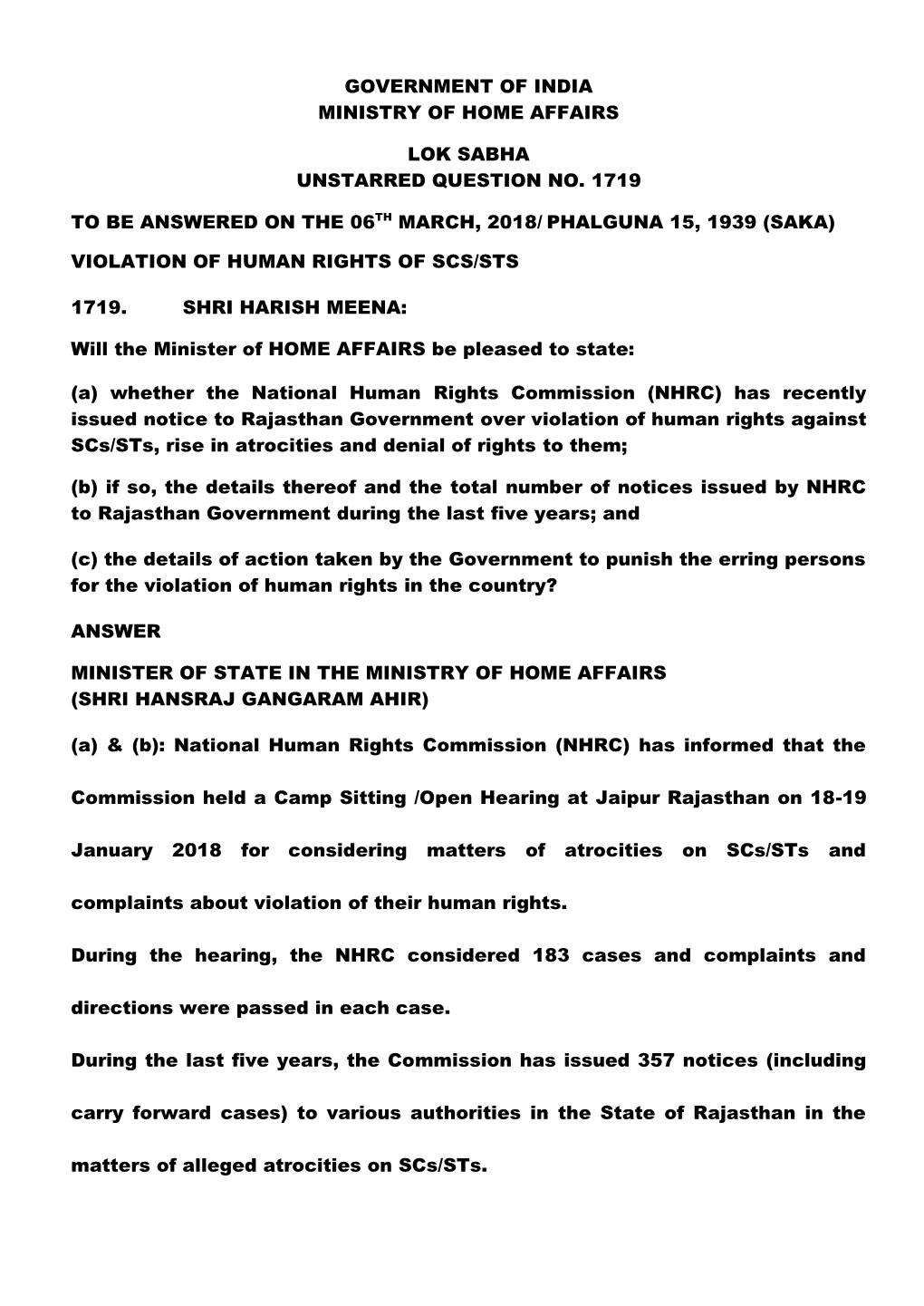 Government of India Ministry of Home Affairs Lok Sabha Unstarred Question No. 1719 to Be Answered on the 06Th March, 2018/ Phalg