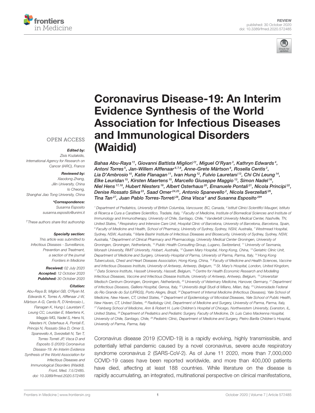 Coronavirus Disease-19: an Interim Evidence Synthesis of the World Association for Infectious Diseases and Immunological Disorders