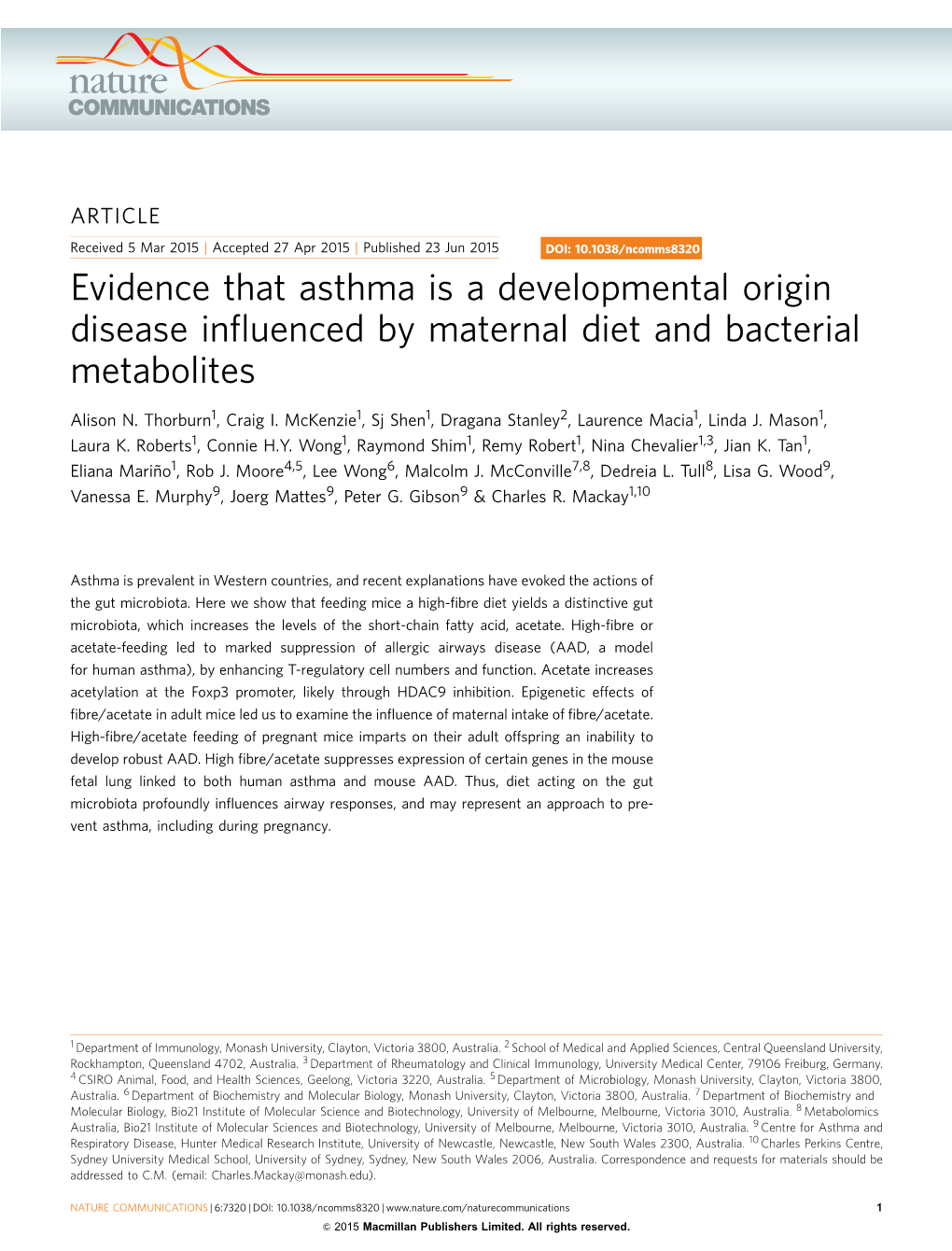Evidence That Asthma Is a Developmental Origin Disease Inﬂuenced by Maternal Diet and Bacterial Metabolites