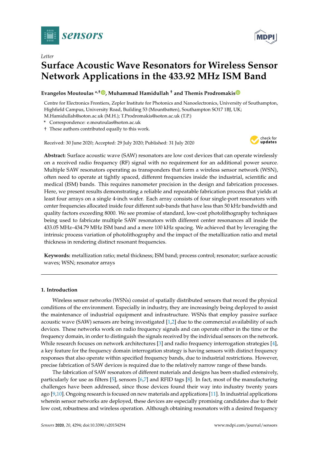 Surface Acoustic Wave Resonators for Wireless Sensor Network Applications in the 433.92 Mhz ISM Band