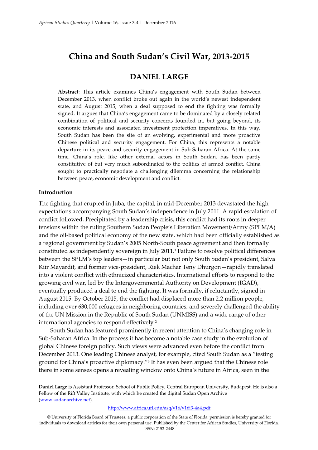 China and South Sudan's Civil War, 2013-2015